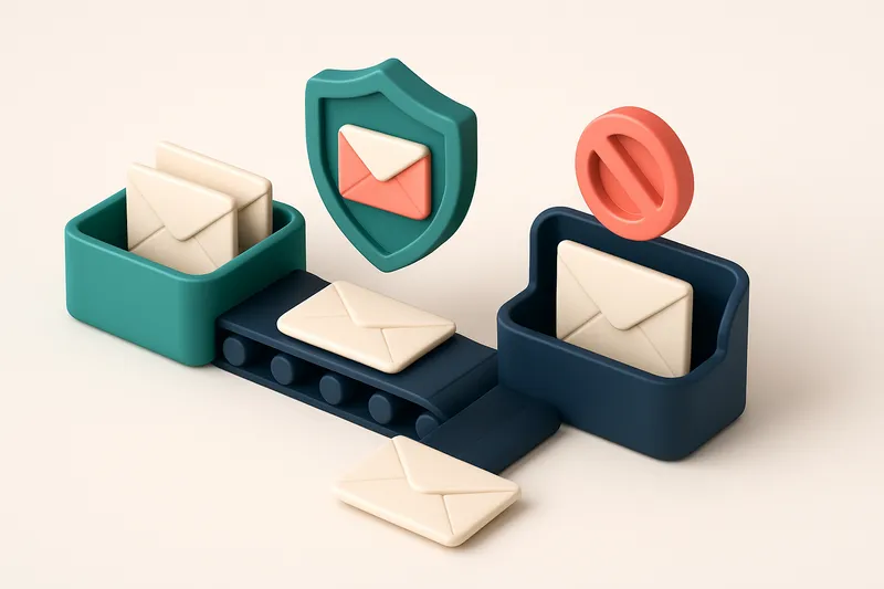 An isometric email inbox with envelopes being scanned by a shield labeled 'CAN-SPAM', a conveyor belt sorting envelopes