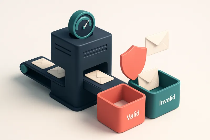 An isometric email server rack with a conveyor belt feeding envelopes into a green 'valid' bin and a red 'invalid' bin,
