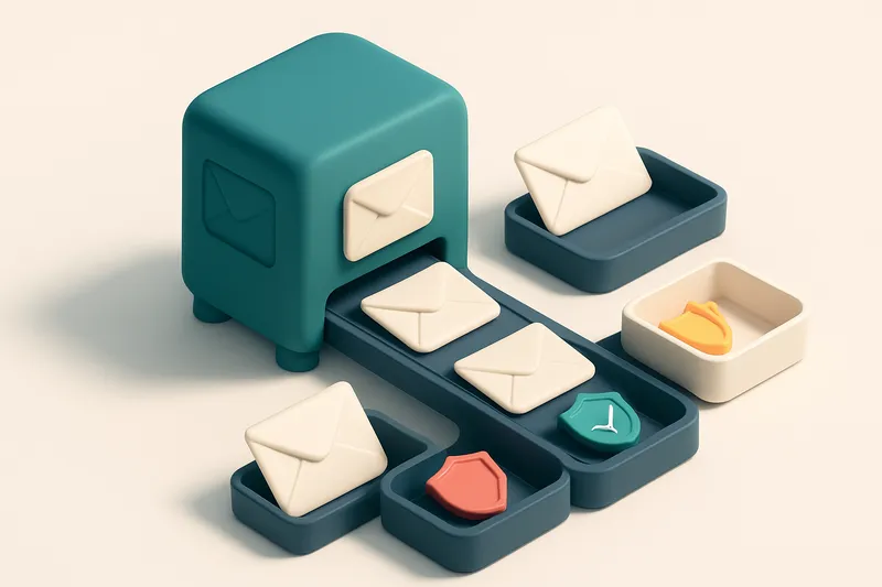 An isometric medical clinic inbox with multiple envelopes labeled 'Valid', 'Invalid', 'Catch-all', and 'Risky' being sor
