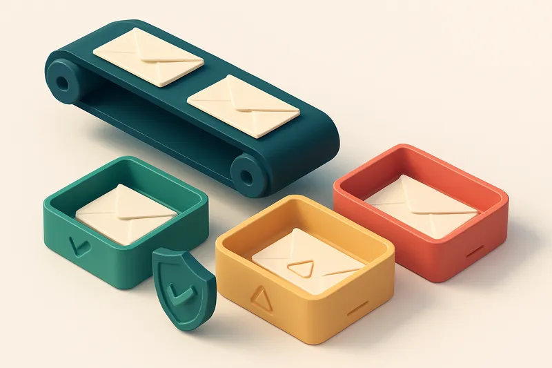 an isometric view of a conveyor belt carrying paper envelopes labeled 'valid', 'risky', and 'invalid' into separate bins