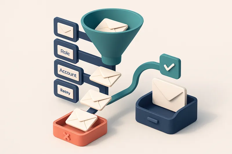 An isometric dashboard showing a funnel of envelopes with labels 'Invalid', 'Catch-all', 'Role Account', and 'Risky' lea