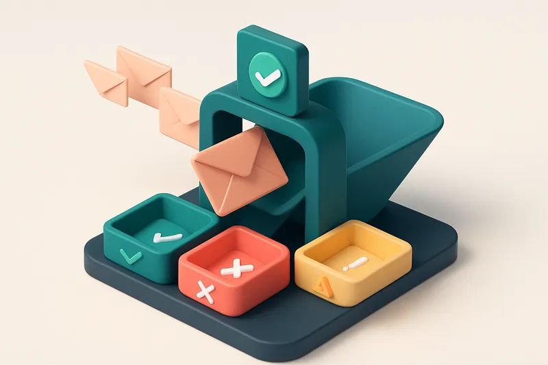 An isometric digital checkout funnel with a green 'verified' tray, a red 'invalid' tray, and a yellow 'risky' tray; inco