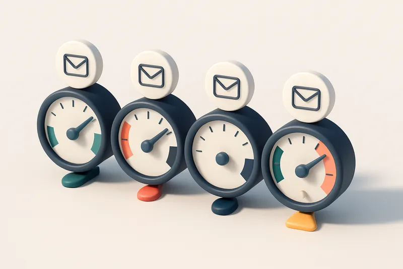 A row of four gauges, each showing a different email validation status (valid, invalid, catch-all, risky)