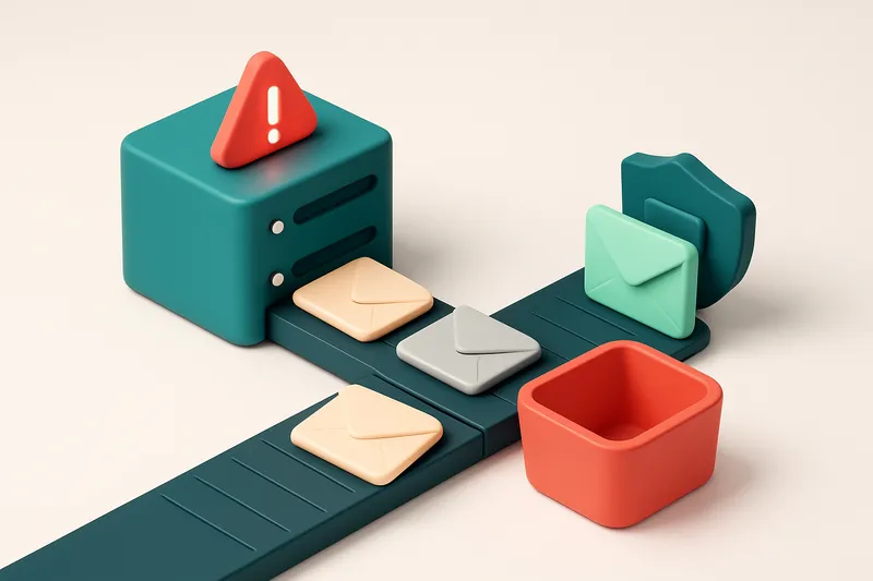 Hero: an isometric illustration of a local server box emitting a red 'SMTP Error' signal, with a conveyor belt carrying