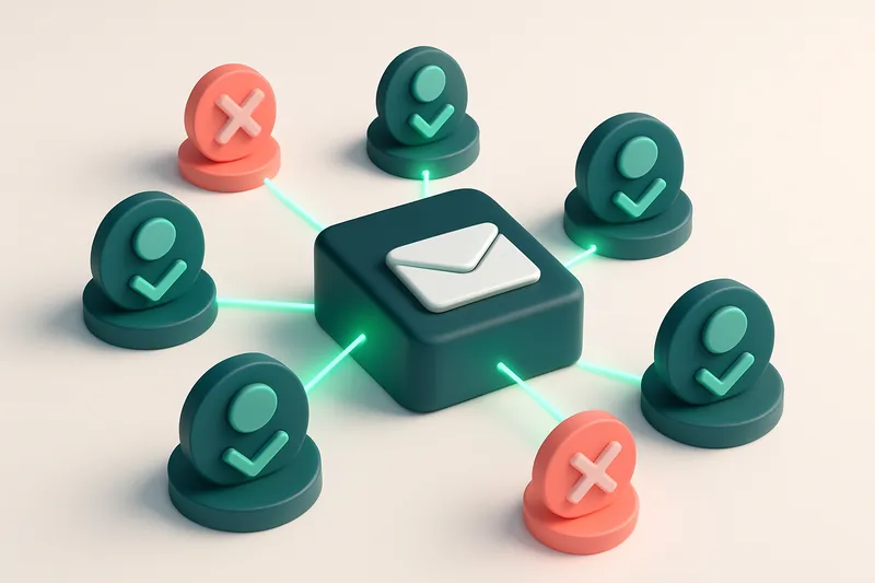 An isometric blockchain ledger with green 'valid' user nodes connected by glowing green lines to a central email inbox,