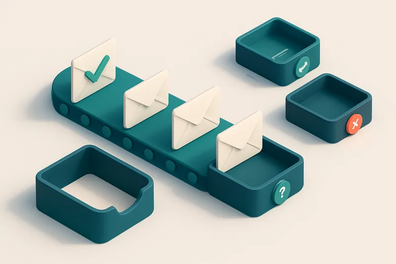 An isometric email inbox with a conveyor belt bringing in envelopes labeled 'valid', 'risky', and 'invalid', each moving