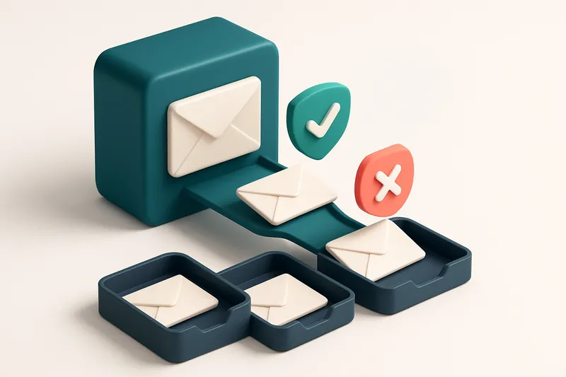 Hero: an isometric email inbox with envelopes labeled 'valid', 'catch-all', and 'invalid' being sorted onto separate tra