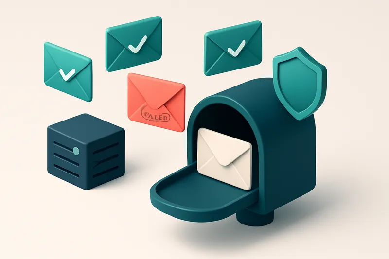 Hero: an isometric mailbox with digital envelopes flying in from different directions—some green with checkmarks, one re