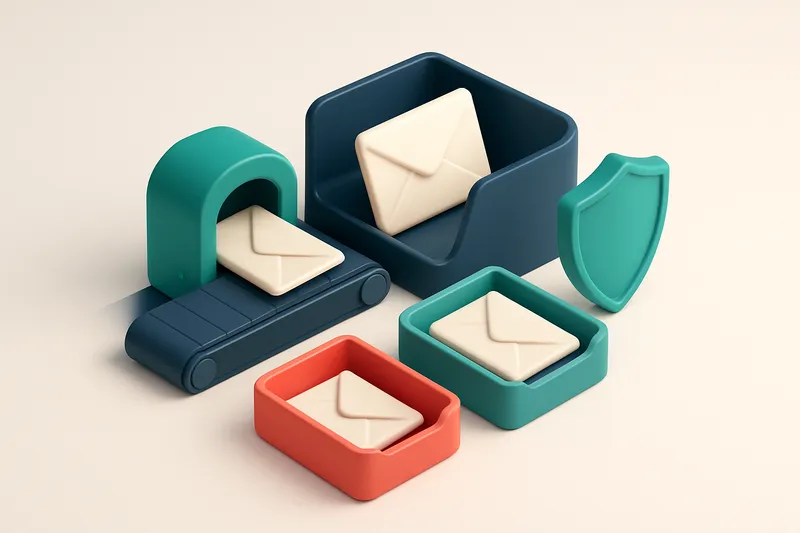 An isometric email inbox with a conveyor belt carrying digital envelopes through a scanner. Valid emails go into a green
