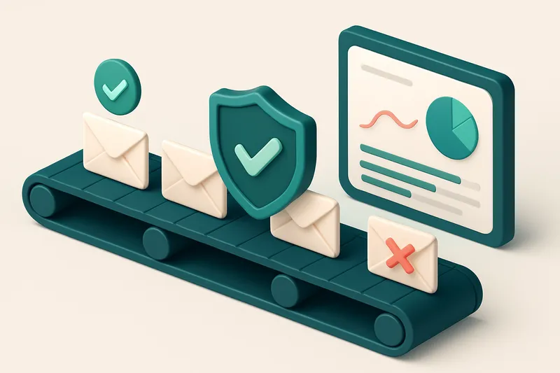 An isometric view of a hotel guest database funnel: envelopes labeled 'valid', 'catch-all', 'invalid', and 'risky' move