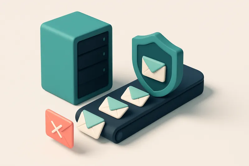 An isometric email server rack with red 'failed' envelopes exiting a conveyor belt labeled 'DMARC Failure,' while green