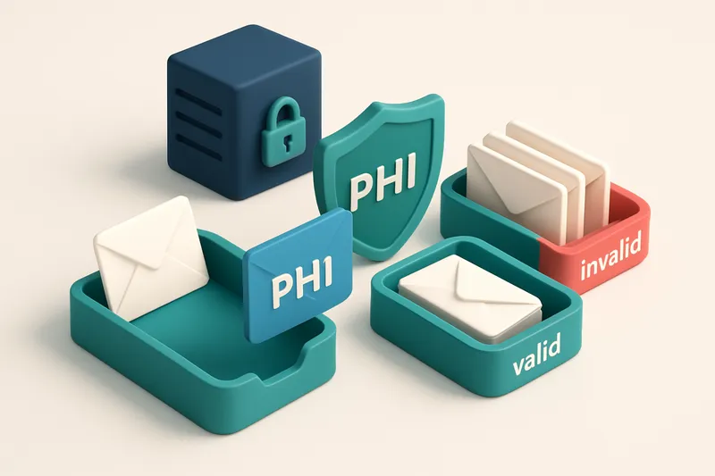 An isometric email inbox with envelopes being sorted onto a green 'valid' tray and a red 'invalid' tray, a shield labele