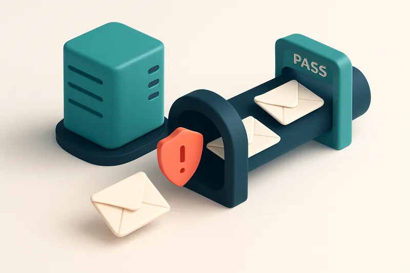 An isometric email workflow scene showing a server sending an envelope through a digital tunnel labeled 'DKIM Verificati