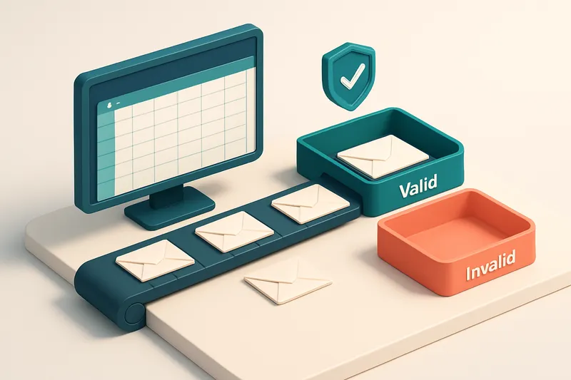 An isometric workspace with a large Excel spreadsheet open, a green 'valid' tray and a red 'invalid' tray on the desk, a