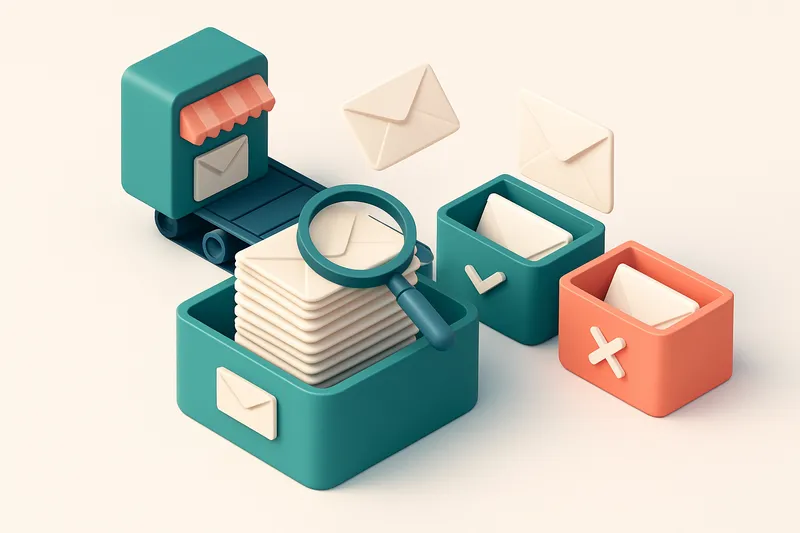 an isometric email inbox with envelopes being sorted onto a green 'valid' tray and a red 'invalid' tray, a magnifying gl
