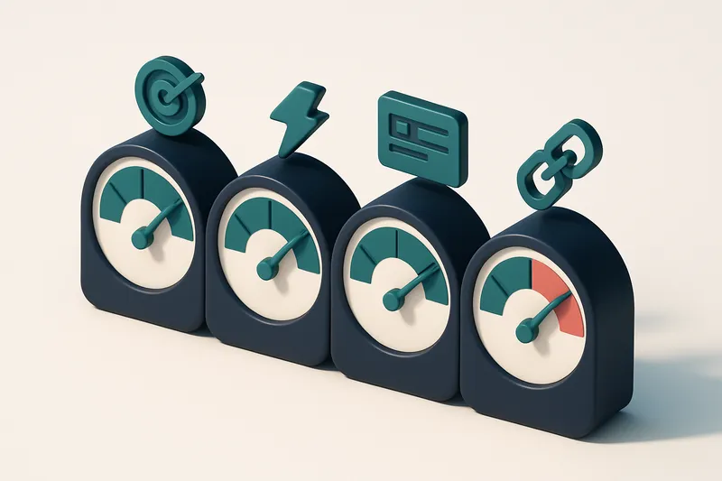 a row of four gauges showing accuracy, speed, credit longevity, and integration strength