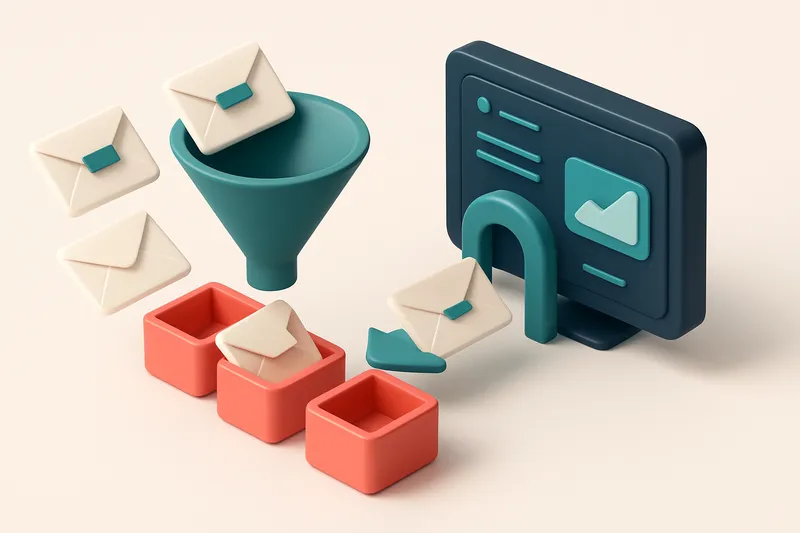 An isometric view of a lead intake funnel with envelopes labeled 'invalid', 'role', and 'risky' diverging into red 'reje