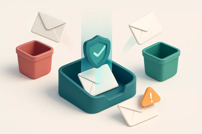 An isometric inbox with multiple envelopes being scanned by a digital shield, one flying to a red 'invalid' bin, another