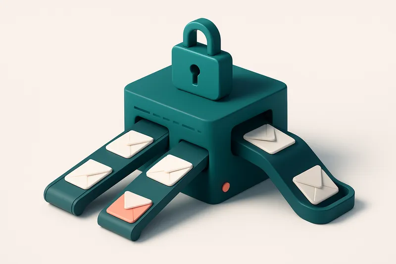 Hero: a 3D isometric email server with three conveyor belts: one labeled 'Valid & Aligned', one labeled 'Failed Alignmen
