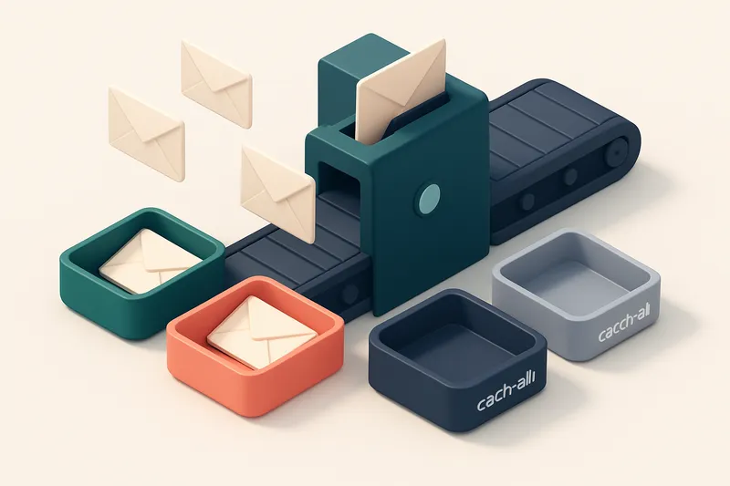 An isometric email inbox with envelopes being sorted onto a green 'valid' tray and a red 'invalid' tray, a red 'risky' t