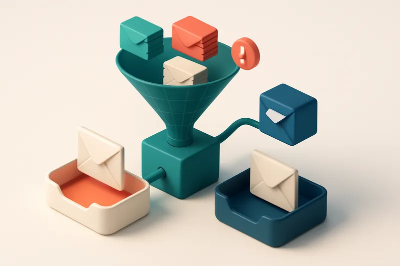 An isometric illustration of a wireframe sales funnel with a stack of green envelopes labeled 'valid', red envelopes lab