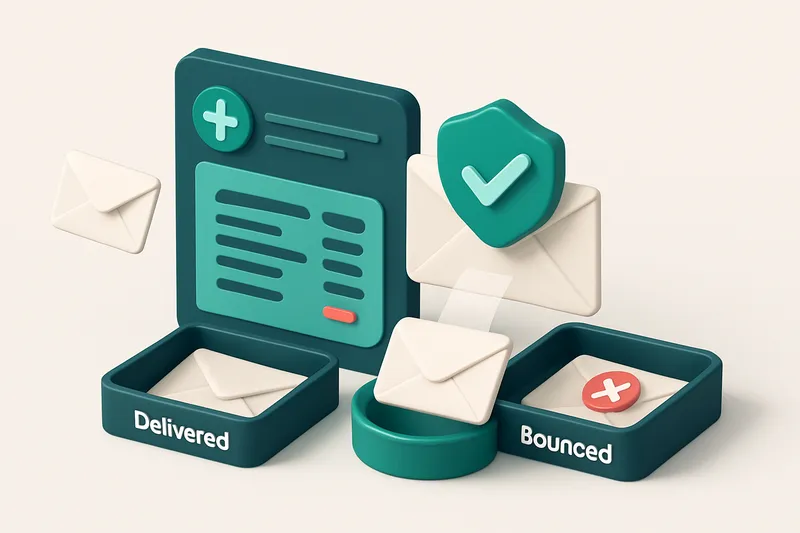An isometric illustration of a medical billing dashboard with incoming invoice envelopes being scanned by a green verifi