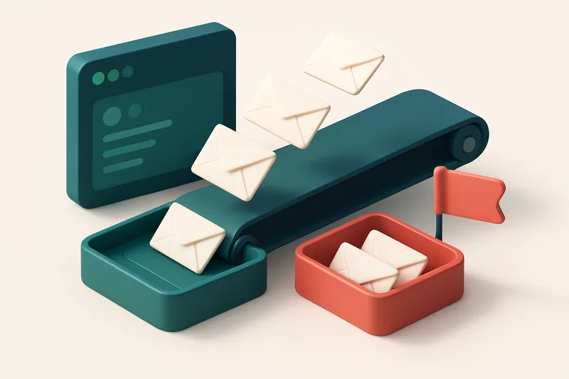 An isometric view of a Freshsales dashboard with incoming leads represented as envelopes, a conveyor belt filtering them