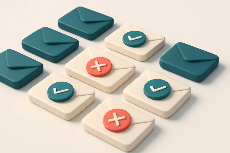 a grid of envelope icons with checkmarks and red Xs