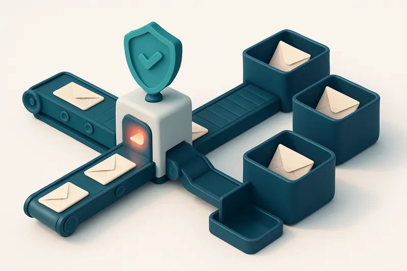 A 3D isometric illustration of a shipping logistics hub with conveyor belts moving envelopes labeled 'Valid', 'Invalid',