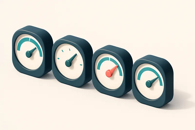 a row of four gauge dials, each showing a different delivery metric