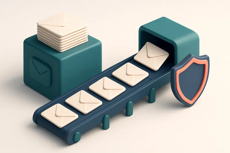An isometric inbox with envelopes flowing down a conveyor belt from a large email list pile, each envelope labeled with