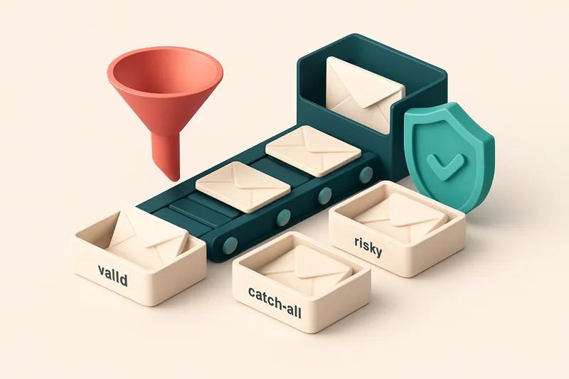 An isometric email inbox with envelopes labeled 'valid', 'risky', 'catch-all', and 'invalid' being sorted into separate