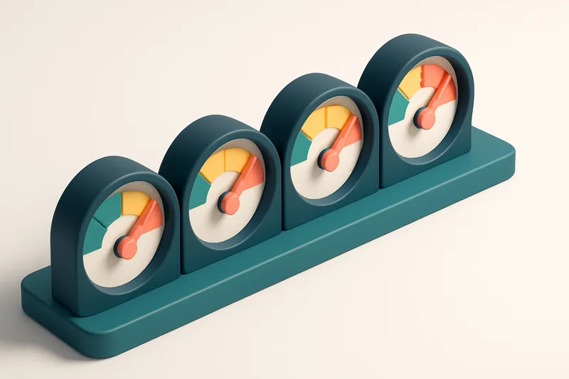a row of four gauge dials showing green, yellow, and red zones