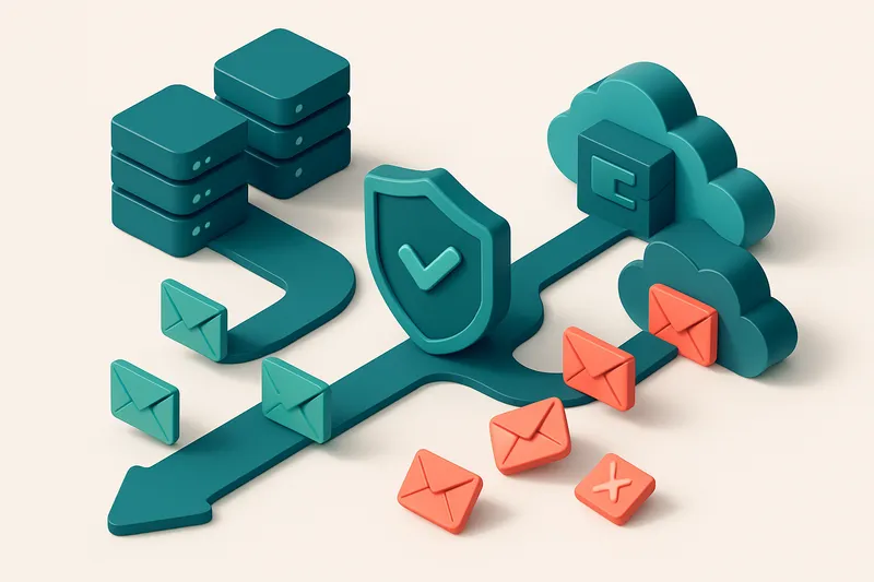 Hero: an isometric email server farm with two main pathways — one labeled 'On-Premise' and the other 'Cloud', both feedi