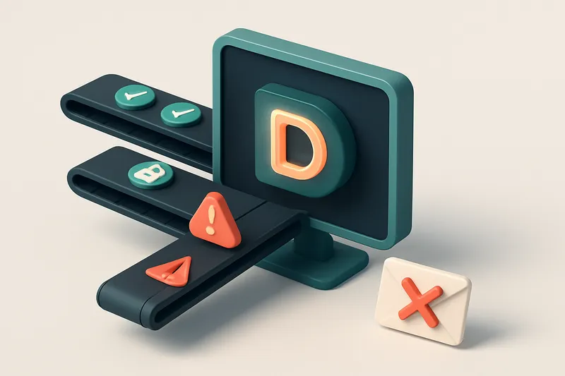An isometric desktop display showing a glowing D mar c symbol at the center, with three conveyor belts feeding into it: