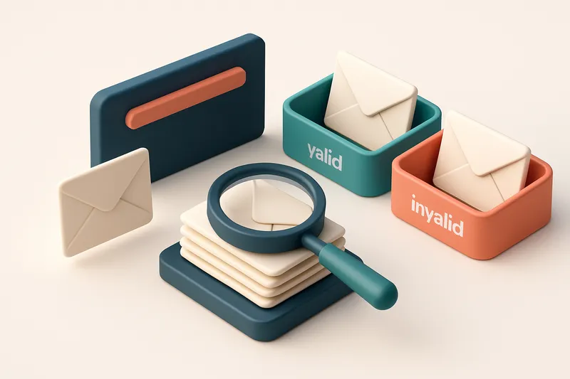 an isometric email inbox with envelopes being sorted onto a green 'valid' tray and a red 'invalid' tray, a magnifying gl