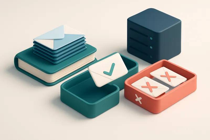 An isometric medical journal stacked with blue and white envelopes, one envelope labeled 'Valid' moves onto a green 'Del
