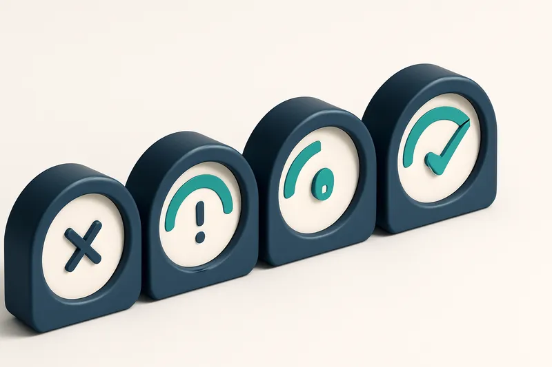 a row of four gauges with progress indicators showing validation status