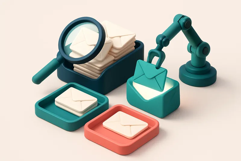 An isometric email inbox with envelopes being sorted onto a green 'valid' tray and a red 'invalid' tray, a magnifying gl