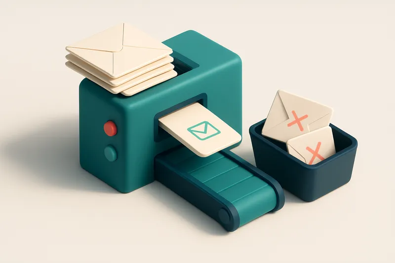 An isometric illustration of a recruitment pipeline: a stack of paper envelopes labeled 'LinkedIn Export' flows into a m