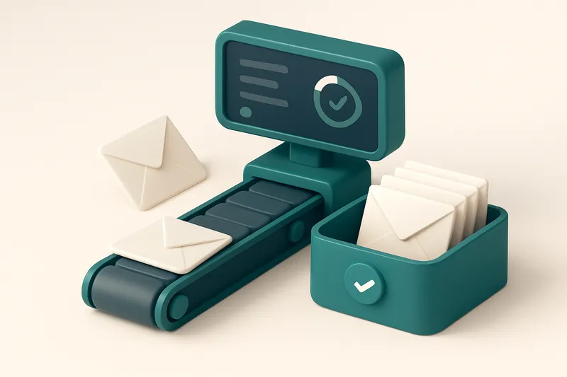 An isometric email inbox with a conveyor belt feeding envelopes into two trays: green 'valid' and red 'invalid'; a digit