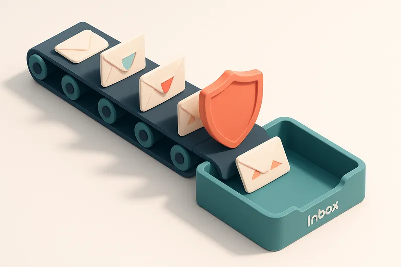 An isometric inbox with a conveyor belt feeding envelopes — some stamped 'Valid', others 'Invalid', 'Catch-All', or 'Ris