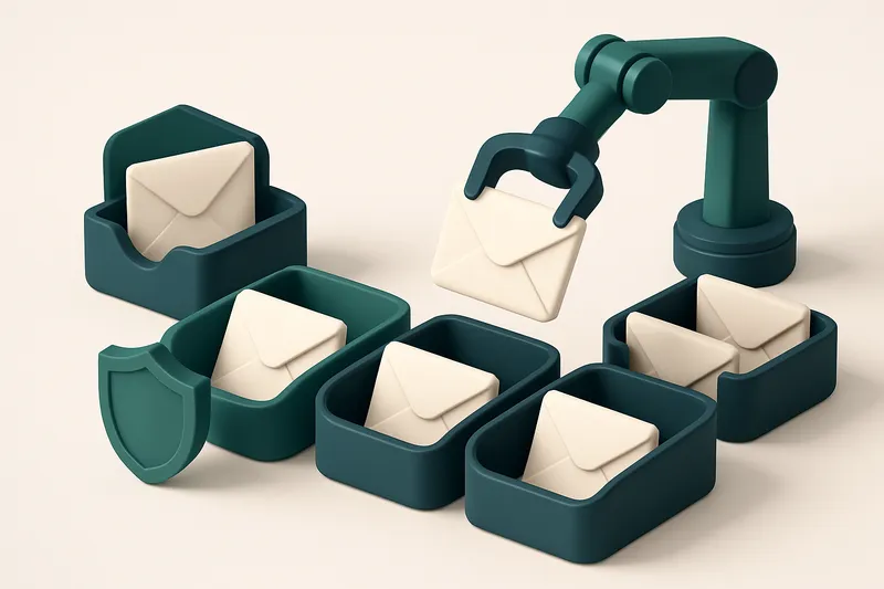 An isometric email inbox with envelopes labeled 'valid', 'invalid', 'catch-all', and 'risky' being sorted by a robotic a