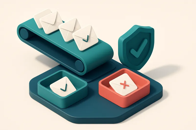 Hero: an isometric illustration of a fitness studio's email list flowing through a conveyor belt that sorts emails into