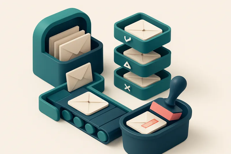 Hero: an isometric email inbox with envelopes labeled 'valid', 'risky', and 'invalid' being sorted onto separate trays;