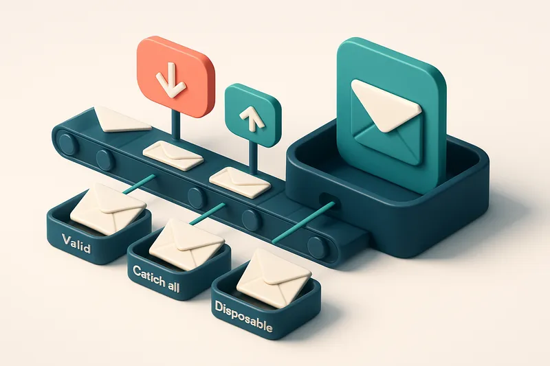An isometric inbox with envelopes labeled 'Valid', 'Catch-all', 'Role-Based', and 'Disposable' being routed onto separat