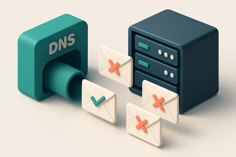 An isometric view of a server rack with multiple email envelopes flying through a tunnel marked 'DNS', each envelope tag