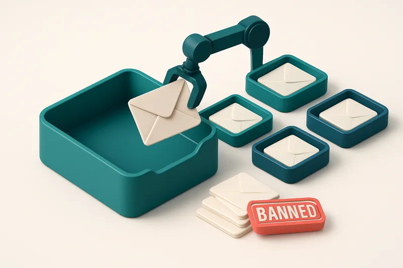 Hero: an isometric inbox with envelopes labeled 'valid', 'catch-all', 'invalid', and 'role' being sorted by a mechanical