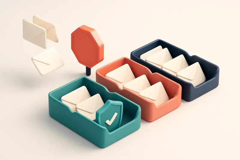 An isometric medical inbox with envelopes labeled 'Valid', 'Risky', 'Catch-all', and 'Invalid' being sorted into separat