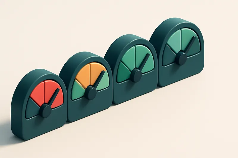 a row of four gauges showing red, amber, green, and black zones
